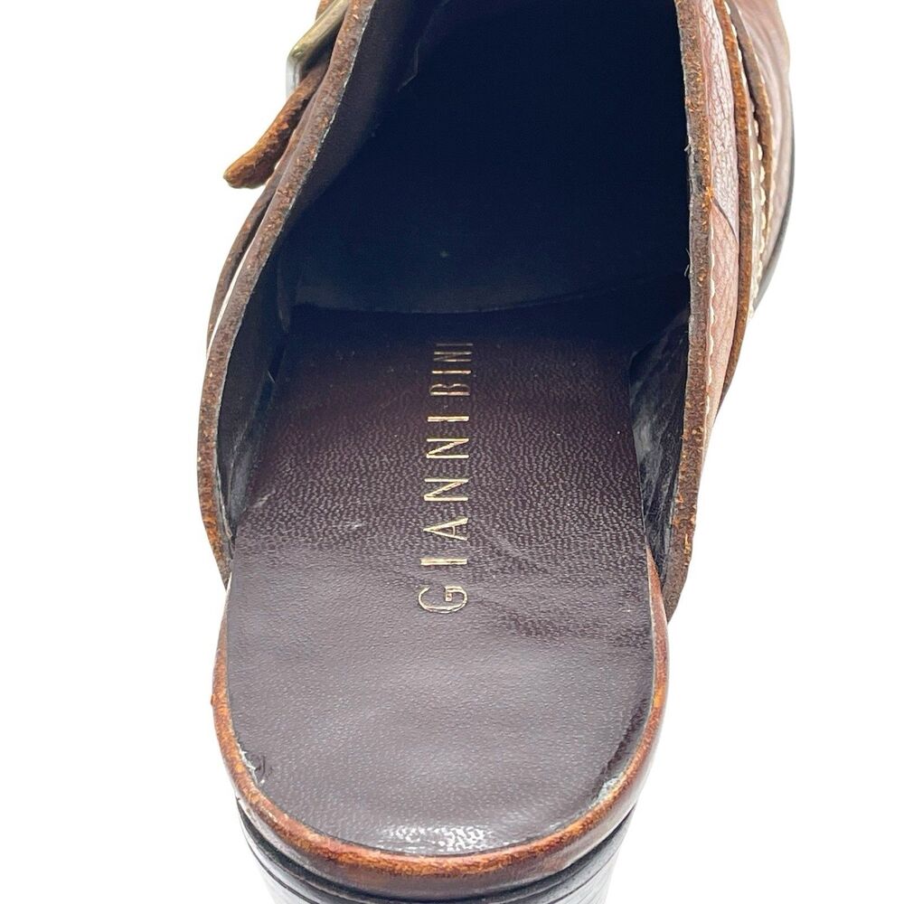 Gianni Bini | Brown Leather Buckle Accent Heeled Mules | Size 6 - Picture 6 of 7